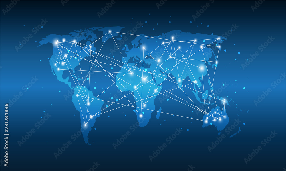 Technology World Map, Global Media Tranfer, Deep Blue Gradient