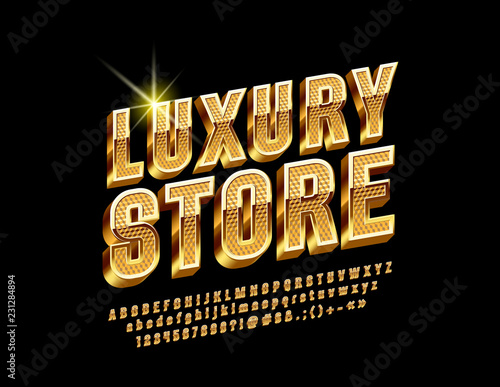 Fototapeta Złote obramowanie i szykowne logo dla luksusowego sklepu. Wektor zestaw liter alfabetu, liczb i symboli interpunkcyjnych. Obrócona ekskluzywna czcionka.