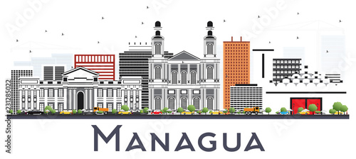 Photography Managua Nicaragua Skyline with Gray Buildings Isolated on White.