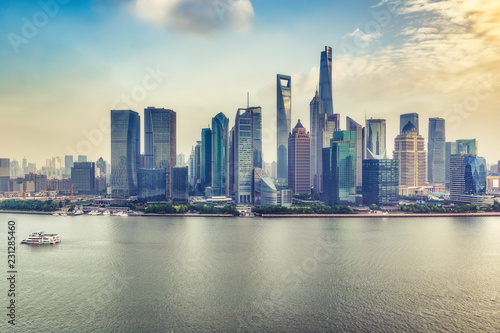 Aerial panorama view on Shanghai, China. Beautiful daytime skyline with skyscrapers and the Hunapu river.