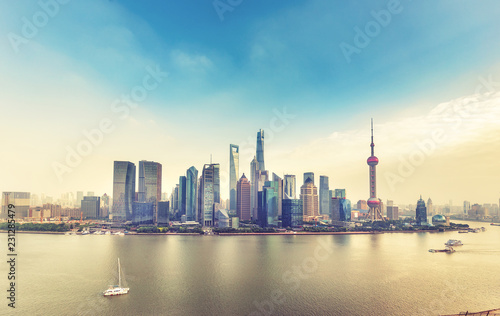 Aerial panorama view on Shanghai  China. Beautiful daytime skyline with skyscrapers and the Huanpu river.