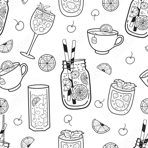 Seamless pattern with different beverages: drinks, coffee, tea, lemonade. Outline drawing. Vector illustration.