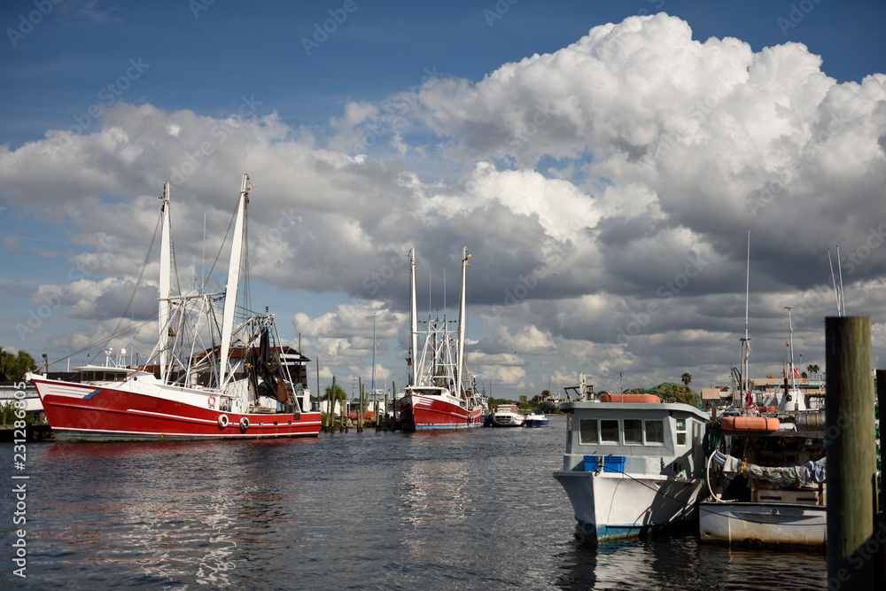 Colorful Gulf Coast waterway and fishing boats with blue sky and clouds in Tarpon Springs, Florida