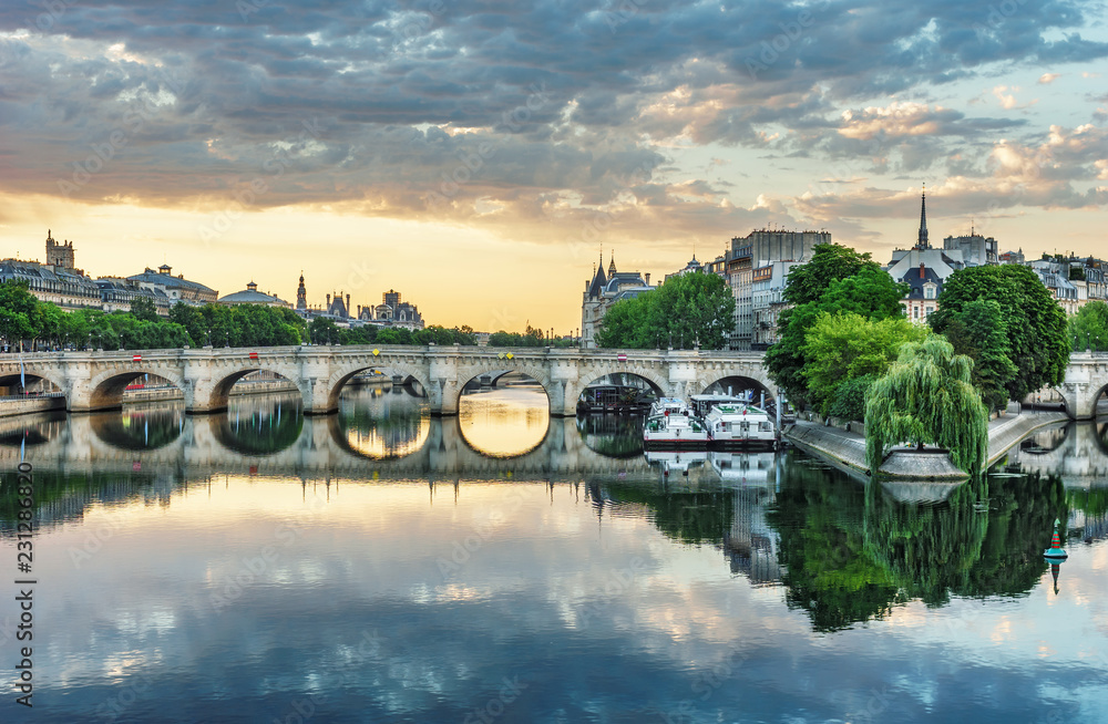View on Seine river in Paris, France at sunrise. Travel background.