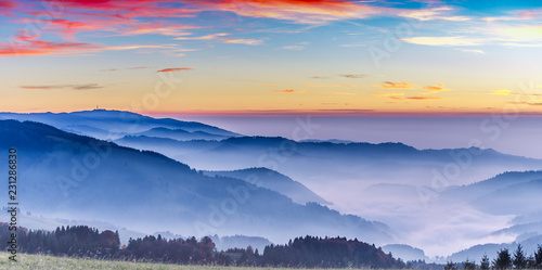 Scenic mountain landscape. View on the Black Forest, Germany, at sunset. Colorful travel background.
