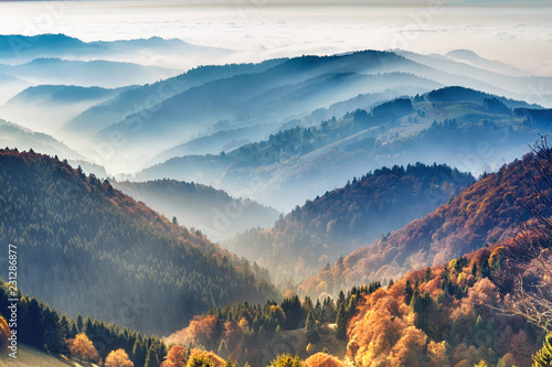 Fototapeta Malowniczy górski krajobraz. Widok na Schwarzwald, Niemcy, pokryty mgłą. Kolorowe tło podróży.