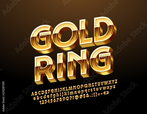 Vector Emblem with text Gold Ring. Golden rotated Alphabet Letters, Numbers and Symbols.