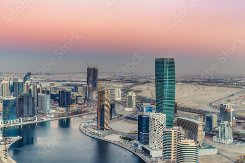 Panorama view on downtown Dubai, UAE. Skyscrapers of the business bay. Scenic travel background.