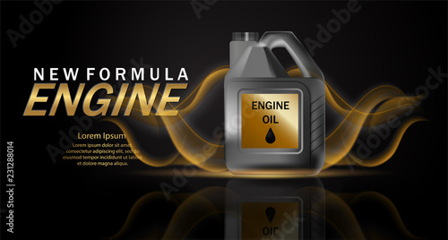 Engine oil advertisement background. Vector illustration with realistic canister and motor oil on bright background. 3d ads template.