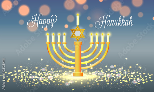 Happy Hanukkah poster or greeting card design with traditional candelabrum on glossy blurred background.