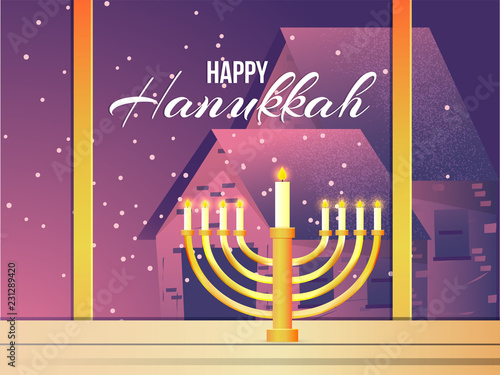 Window outside view with traditional candelabrum for Happy Hanukkah celebration.