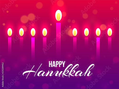 Happy Hanukkah background decorated with illuminated candles on shiny blurred background.