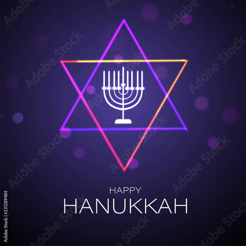 Jewish Holiday celebration greeting card design with traditional menorah (Candelabrum) and holy david star illustration on purple background.