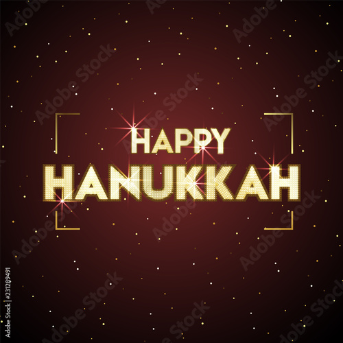 Shiny Lighting text Happy Hanukkah on brown background for Jewish Holiday Celebration background.