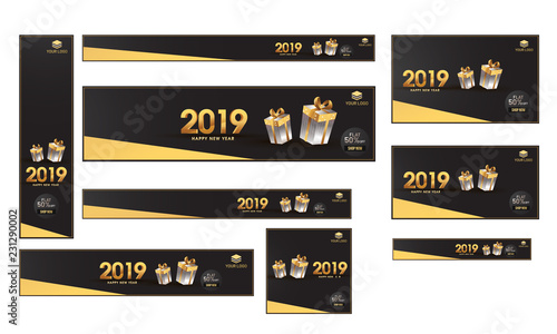 Advertising poster, banner and template set with 3d text 2019, gift boxes and flat 50% discount for New Year celebration.