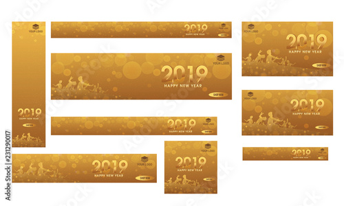 Website header, banner and template design with 3d text 2019 for New Year celebration concept.