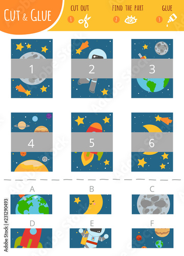 Find the right part. Cut and glue game for children. Color set of cartoon illustration about space and astronomy