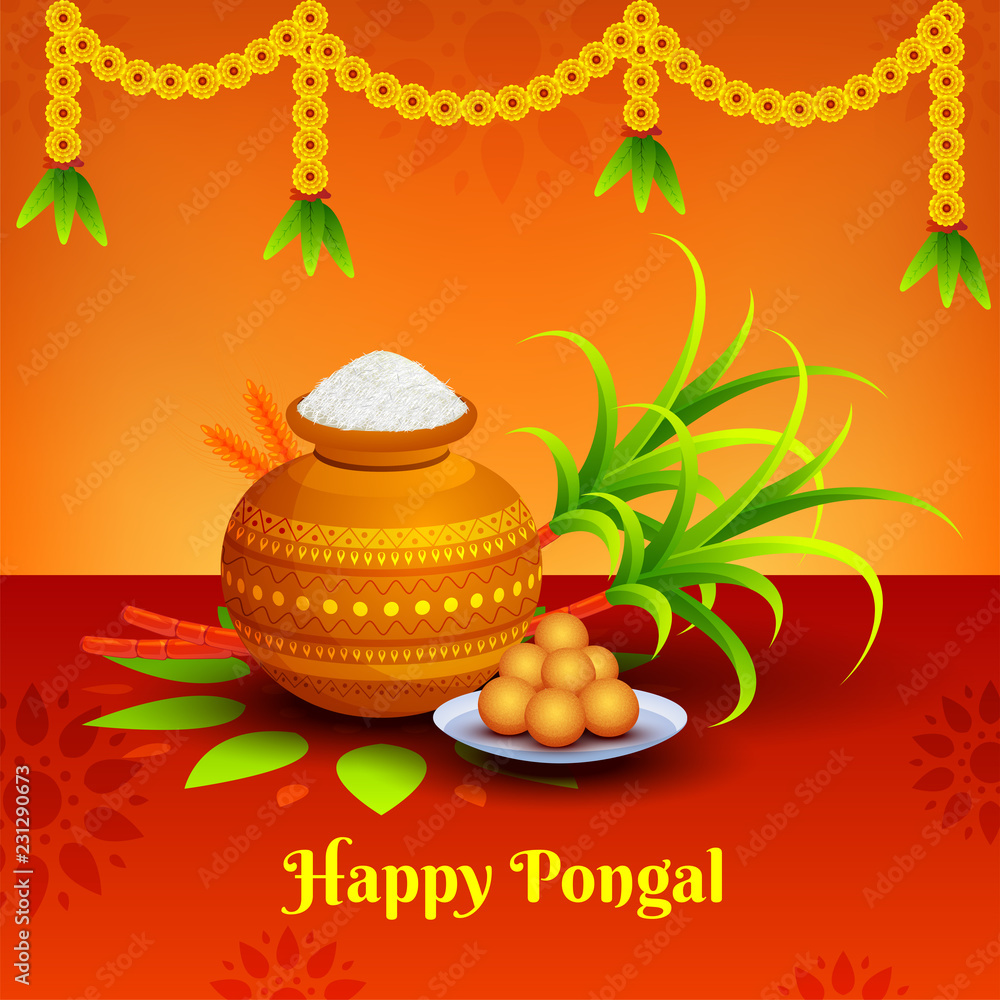 Happy Pongal banner or poster design with traditional pot, sugarcane and  sweets on shiny floral background decorated with flower garlands. Stock  Vector | Adobe Stock