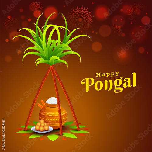 Blurred bokeh background with traditional pot  sugarcane and sweets for South Indian harvest festival  Happy Pongal celebration.