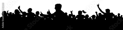 Cheerful people having fun celebrating. Side view, profile. Crowd of fun people on party, holiday. Applause people hands up. Silhouette Vector Illustration