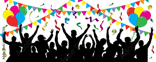 Crowd of fun people on party, holiday. Cheerful event. People having fun celebrating. Balloons, ribbons, confetti. Festive mood of people. Applause people hands up. Silhouette Vector Illustration