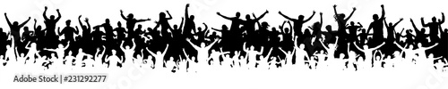 Crowd of fun people on party, holiday. Cheerful people having fun celebrating. Sporting event. Panorama of jubilant youth. Applause people hands up. Silhouette Vector Illustration