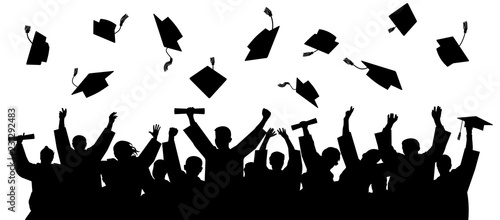 Graduated at university, college. Crowd of graduates in mantles, throws up the square academic caps. Cheerful people silhouette vector photo