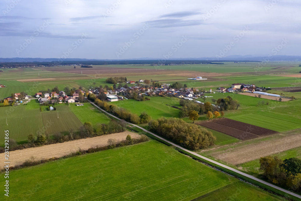 European countryside from the air, village in pannonian plain, Dravsko polje, Slovenia