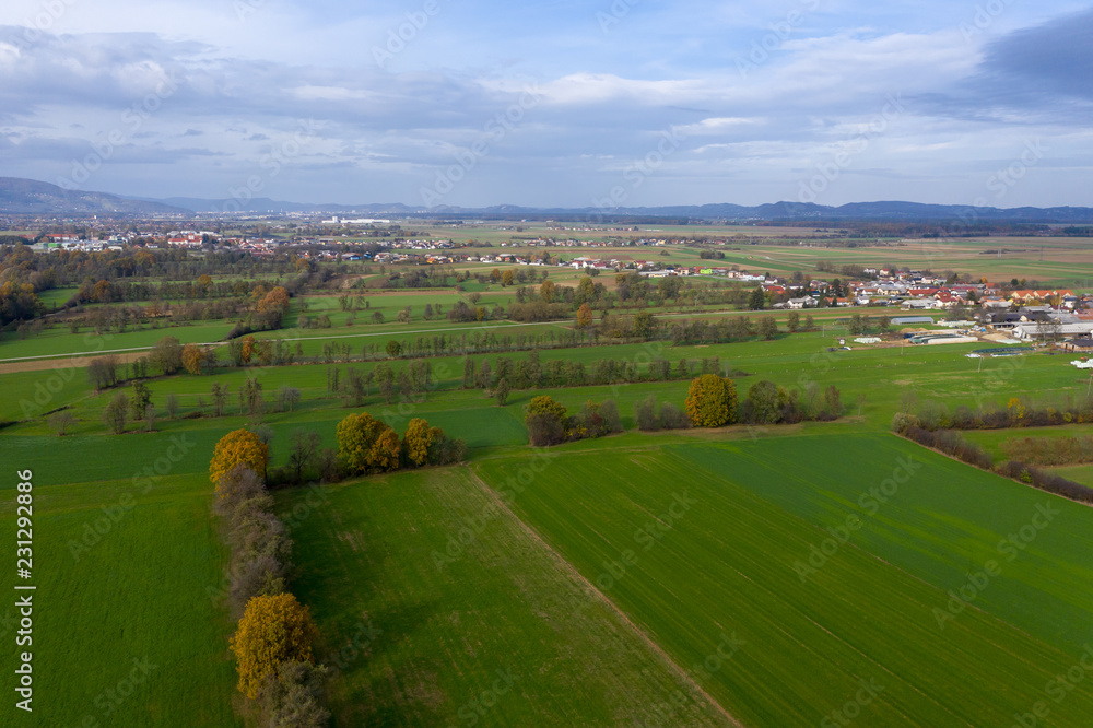 European countryside from the air, village in pannonian plain, Dravsko polje, Slovenia