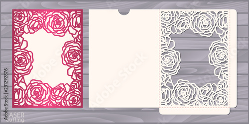Die laser cut wedding card vector template. Invitation pocket envelope with lace frame with roses pattern. Wedding lace invitation mockup.