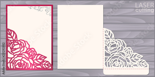 Die laser cut wedding card vector template. Invitation pocket envelope with lace corner with roses pattern. Wedding lace invitation mockup.