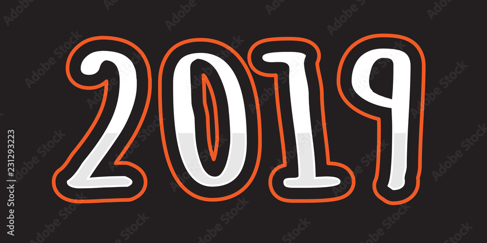 2019 Happy New Year on black background. Vector holiday party invitation numbers design for seasonal flyers, banners, posters.