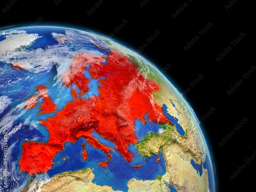 Europe from space. Planet Earth with extremely high detail of planet surface and clouds. Continent highlighted in red.