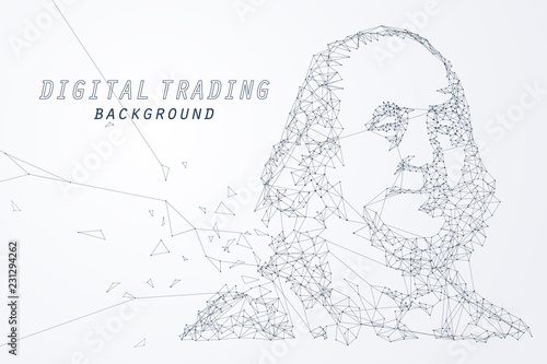 The portrait of Benjamin Franklin by edge and wire frame, digital currency and internet trading concept