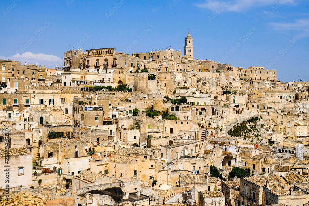 Sassi di Matera. Panoramic view for beautiful medieval city of the caves in sunny day.