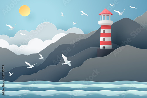 Paper art of Lighthouse and sea, origami and travel concept