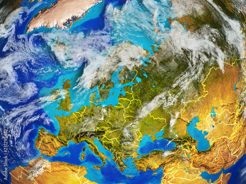 Europe on realistic model of planet Earth with country borders and very detailed planet surface and clouds.