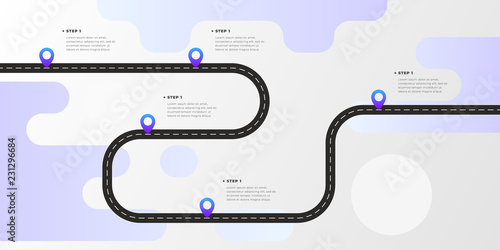 Infographic template winding asphalt road with pin-pointers. Vector EPS 10