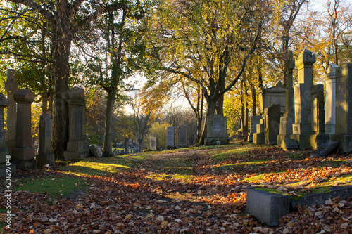 A Cemetery glowing in the light of a Autumn sunset