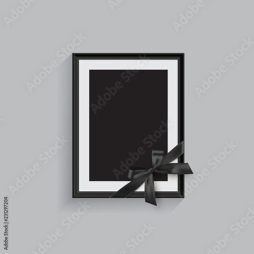 Black mourning frame with black ribbon isolated on gray background. Vector design element.