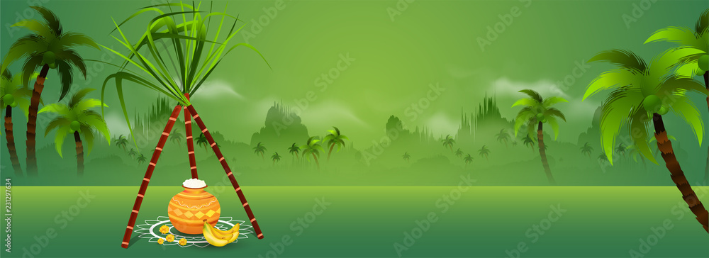 Obraz premium Nature view background with traditional pot and sugarcane on rangoli for religious festival Happy Pongal celebration. Website header or banner design.