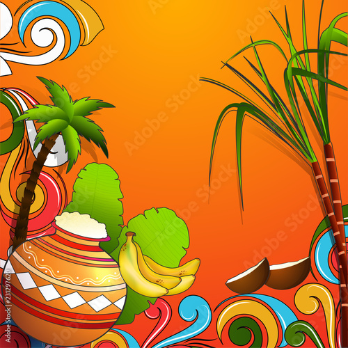 Creative greeting card design with doodle elements such as pot, fruits, sugarcane and banana leaves on orange background for pongal harvest festival celebration.
