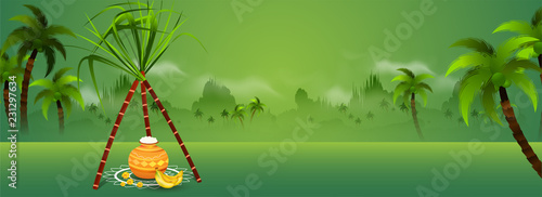 Nature view background with traditional pot and sugarcane on rangoli for religious festival Happy Pongal celebration. Website header or banner design.