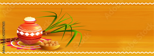 Happy Pongal header or banner design with traditional pot, sugarcane and sweets on wooden texture background for South Indian harvest festival celebration.