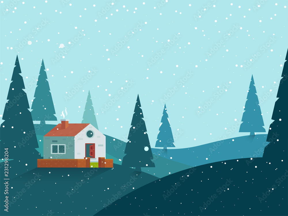Winter landscape background with season xmas tree and house. Can be used greeting card design.