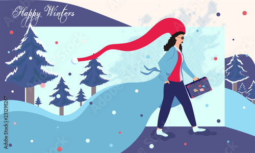 Modern flat design, Young girl going for vacation on winter landscape background. Happy Winter greeting card design.