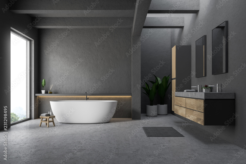 Fototapeta premium Gray bathroom interior, tub and sink