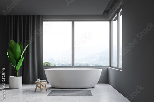 Gray bathroom interior  tub and window