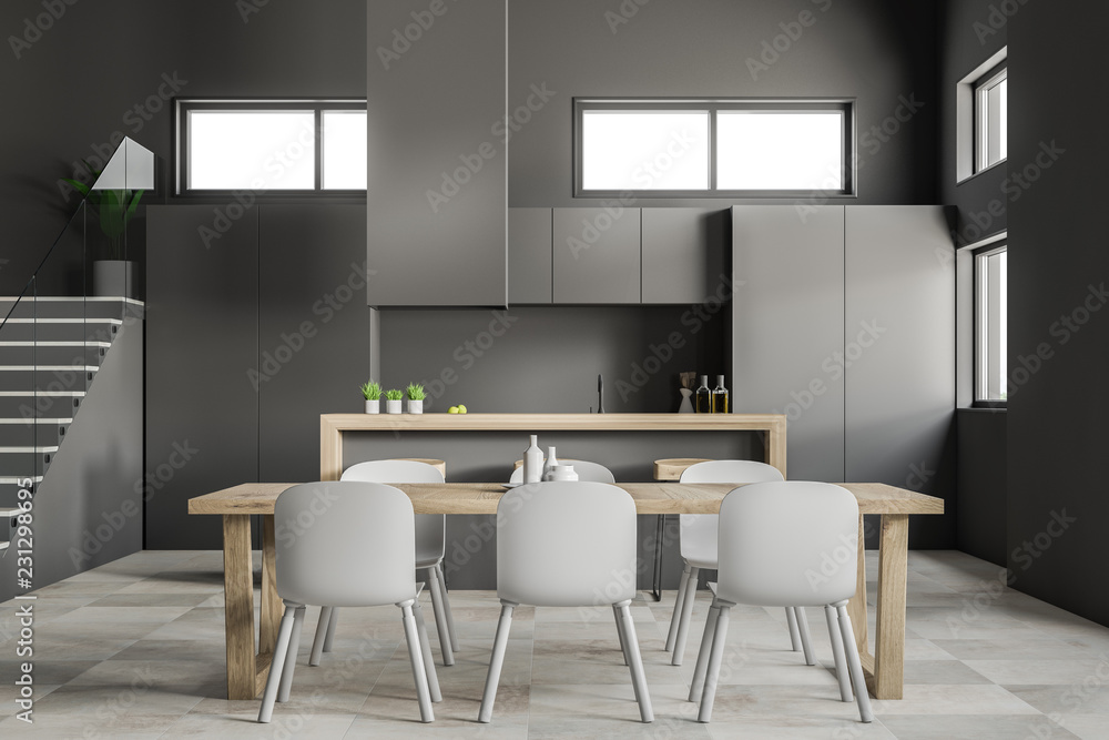 Fototapeta premium Gray kitchen and dining room close up