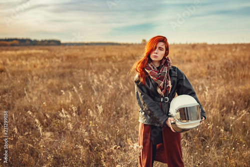 Wallpaper Mural redhead girl in black leather jacket and helmet Torontodigital.ca
